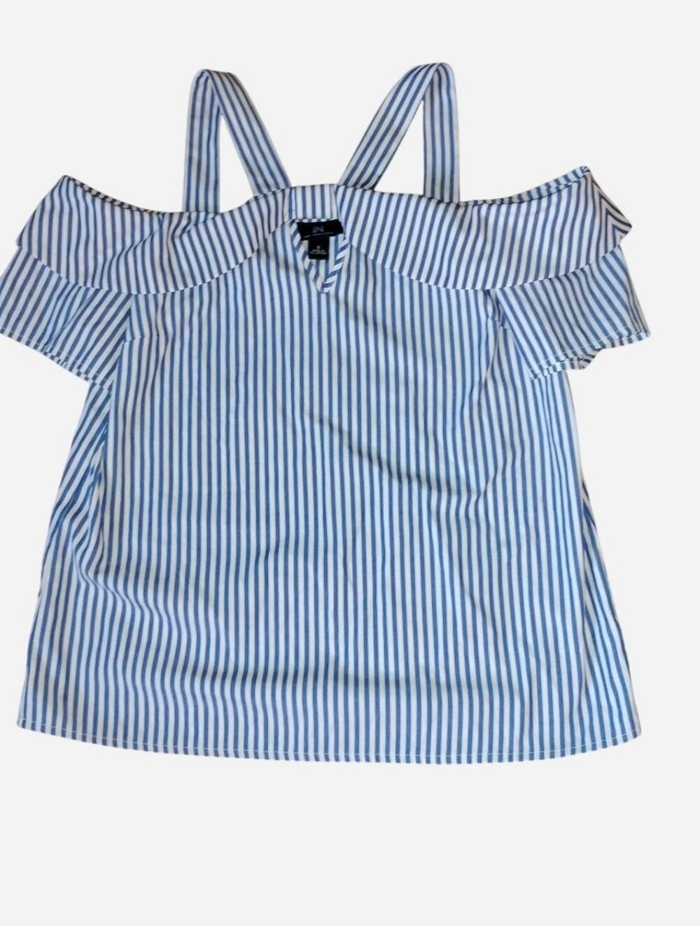 IN San Francisco Blue White Striped Off Shoulder Ruffle Strap Top Small
